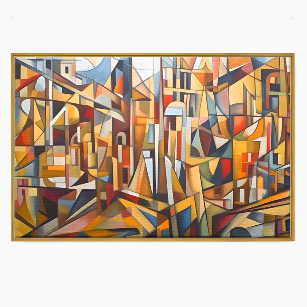 Tablou canvas cu tablou abstract cu peisaj urban, in rama de aluminiu auriu